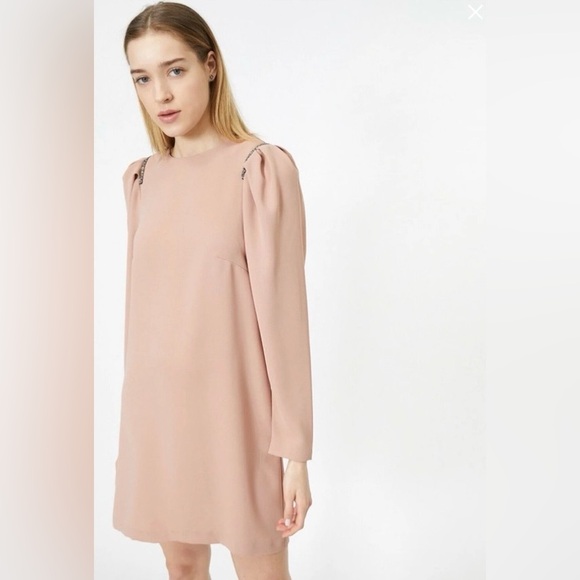 H&M blush pink puff sleeve beaded shoulder long sleeve mini dress small - Picture 1 of 6